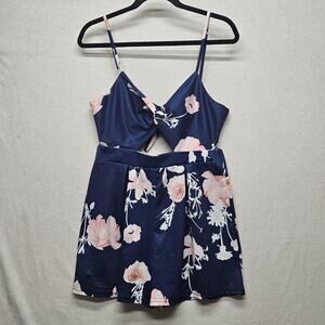 Floral Romper Womens Large Blue Pink Sleeveless Bow Cutout Shorts Summer Dressy